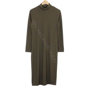 H&M Olive Green Ribbed Long Sleeve Turtleneck Midi Dress